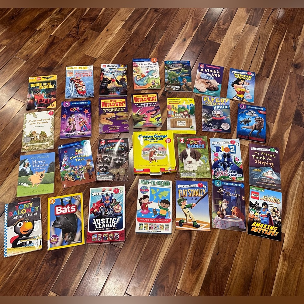 Lot of 32 books curious George level 2 readers marvel justice league